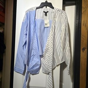 Forever 21 Women's Striped Blue & White Wrap Around Tie Cinched Waist Blouse XL